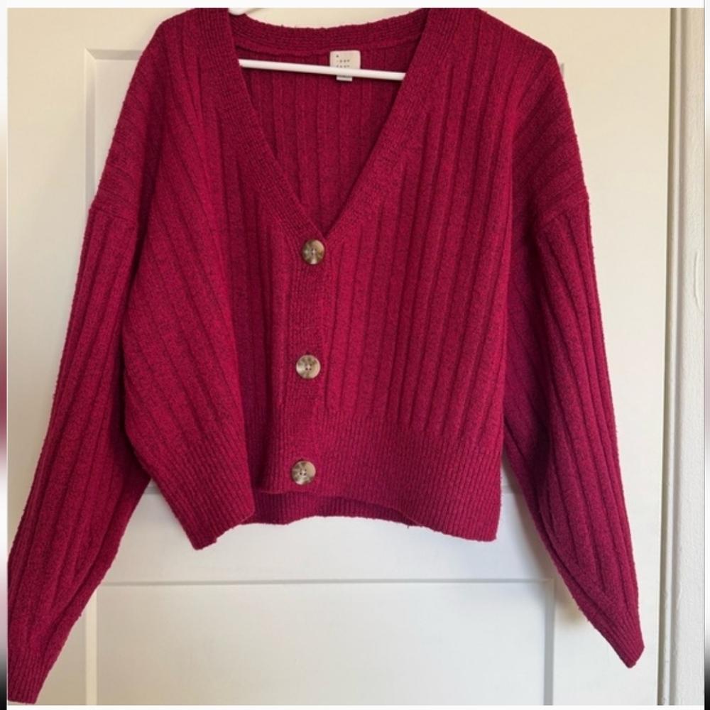a new day Berry-Red Ribbed V-Neck Button Cardigan